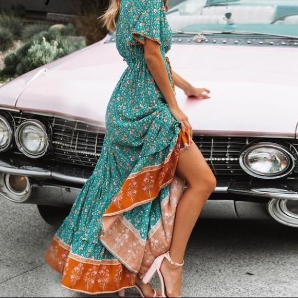 Bohemian Floral Print Maxi Dress Green Gypsy - Picture 2 of 8